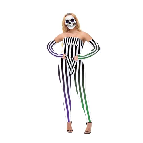 Halloween-Narren-Body für Damen, gruseliges Clown-Karo-Outfit, zweiteiliger schulterfreier Jumpsuit mit abnehmbaren Ärmeln für Cosplay-Mottoparty Halloween-Narren-Body für Damen, gruseliges Clown-Karo-Outfit, zweiteiliger schulterfreier Jumpsuit mit abnehmbaren Ärmeln für Cosplay-Mottoparty von Bemeiren