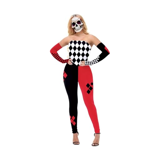 Halloween-Narren-Body für Damen, gruseliges Clown-Karo-Outfit, zweiteiliger schulterfreier Jumpsuit mit abnehmbaren Ärmeln für Cosplay-Mottoparty von Bemeiren