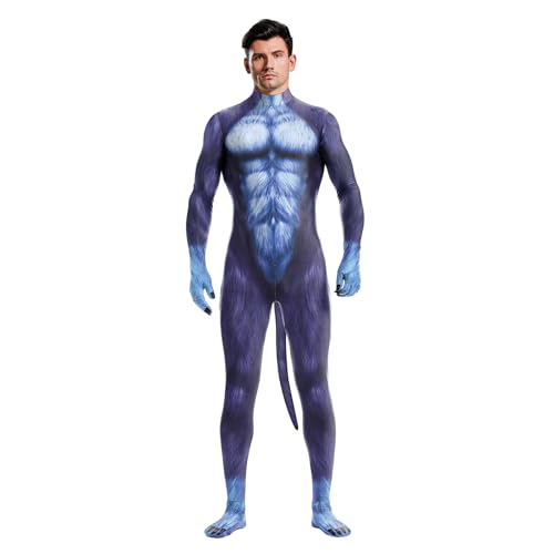 Tier-Body mit großem Schwanz für Männer und Frauen, bedruckt, pelziger Overall, Kostüm, Catsuit, Halloween, Motto-Party, Cosplay-Party, Blau, 3XL Tier-Body mit großem Schwanz für Männer und Frauen, bedruckt, pelziger Overall, Kostüm, Catsuit, Halloween, Motto-Party, Cosplay-Party, Blau, 3XL von Bemeiren