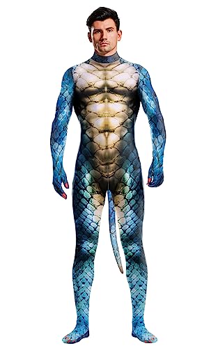 Tier-Body mit großem Schwanz für Männer und Frauen, bedruckt, pelziger Overall, Kostüm, Catsuit, Halloween, Motto-Party, Cosplay-Party, Blauer Kobra-Druck, L von Bemeiren