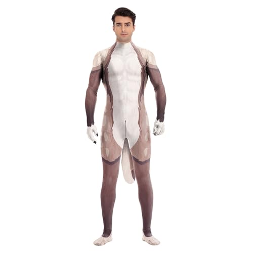 Tier-Ganzkörperanzug für Herren, Muskel-Elastan-Overall, pelziges Kostüm mit großem Schwanz, für Erwachsene, Cosplay, Halloween, Party, Braunes Hirsch, Large von Bemeiren