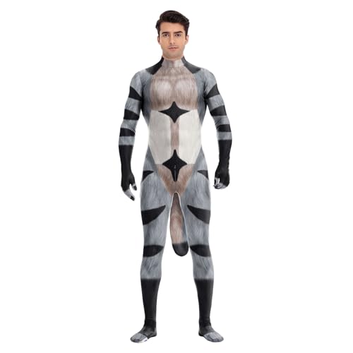 Tier-Ganzkörperanzug für Herren, Muskel-Elastan-Overall, pelziges Kostüm mit großem Schwanz, für Erwachsene, Cosplay, Halloween, Party, Grauer Waschbär, XXX-Large Tier-Ganzkörperanzug für Herren, Muskel-Elastan-Overall, pelziges Kostüm mit großem Schwanz, für Erwachsene, Cosplay, Halloween, Party, Grauer Waschbär, XXX-Large von Bemeiren