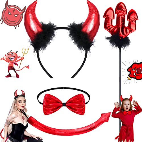 4 Stück Teufel Kostüm Zubehör, Teufelshörner Haarreif Rot, Karneval Kostüm Damen Teufel Zubehör, Mit Teufelshörner Stirnband, Teufelsschwanz, Teufel Fliege, Teufel Dreizack, Für Cosplay, Damen, Kinder von Benaton