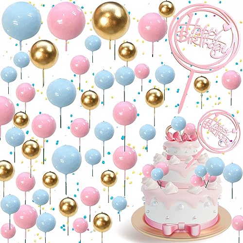 50 Stück Kuchen-Dekoration Kugeln, Mit Rosa Kuchendekorationseinsatz, DIY Tortendeko Hochzeit, Rosa/Blau Tortendeko Kugeln, Cupcake Topper Schaum, Für Geburtstag Hochzeit Deko(Blau/Rosa/Gold) von Benaton