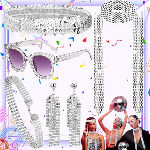 6 Stück Disco Kostüm Accessoires, Glitzer Accessoires Discokugel, 70er Jahre Disco Accessoires Damen, Glitzernde Stirnband, Sonnenbrille, Halskette, Ohrringe und Krawatte, Für Unisex, Fasching(Silber) von Benaton