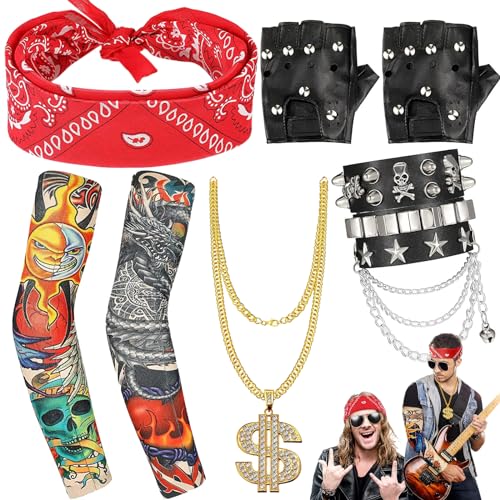 6 Stücke Punk Gotik Rocker Kit, 80er 90er Hip Hop Kostüm Set, Mit Punk Kette Lederarmband Tattoo Ärmel Handschuhe Nieten Punk Schwarze Sonnenbrille, Für Männer Frauen Punk Rocker Party Cosplay 6 Stücke Punk Gotik Rocker Kit, 80er 90er Hip Hop Kostüm Set, Mit Punk Kette Lederarmband Tattoo Ärmel Handschuhe Nieten Punk Schwarze Sonnenbrille, Für Männer Frauen Punk Rocker Party Cosplay von Benaton