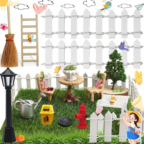 Benaton 15 Stück Mini Garten Dekoration Set, Miniatur Zubehör Garten Geschenk, Gartengeräte Mikrolandschaft Mini, Straßenlaterne Gartenzaune Besen Leiter Pflanze Hydrant Mülltonne Gießkanne von Benaton