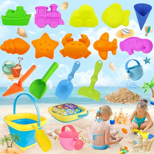 Benaton 17 Stück Bunte Strandspielzeug Sandspielzeug Set, Strand Sandspielzeug Set, mit zusammenklappbarem Sandeimer, Schaufel, Sandharke, Sommer Sandspielzeug Set, Outdoor Sandkastenspielzeug von Benaton