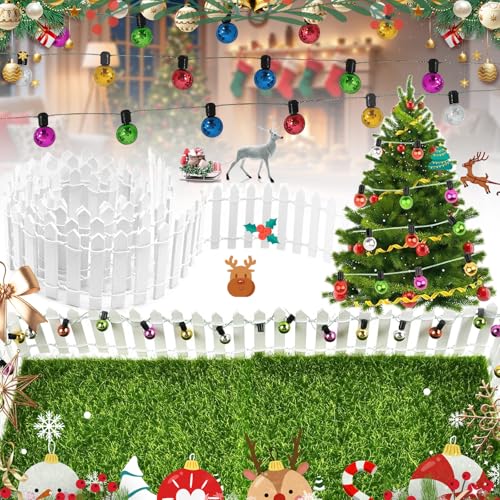 Benaton 3 Stück Miniatur Zaun Gartenzaun Holz Wichtel Zubehör, Wichtel Zaun Miniatur Deko, 90 x 5 cm Weiß Gartenzaun Holz Wichtel zubehör Weihnachten, Mini Weihnachtszaun Mit Lichtern, Grüner Rasen von Benaton