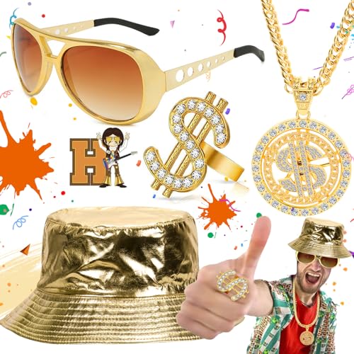 Benaton 4 Stück Hip Hop Goldene Set, Dollar Kette Set, Hiphop Kostüm Set, 80er 90er Jahre Rapper Accessoires, Hip Hop Dollar Halskette Ring Hut Brille, Für Fasching Themenpartys Rollenspiel (Gold) von Benaton