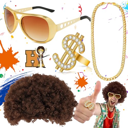 Benaton 4 Stück Hippie Kostüm Set, 70er 80er Jahre Perücke Disco Hippie Kostüm Set, Disco-Perücke, Sonnenbrille, Hippie Accessoires Goldkette, Für Rapper Accessories, For party Men and Women von Benaton