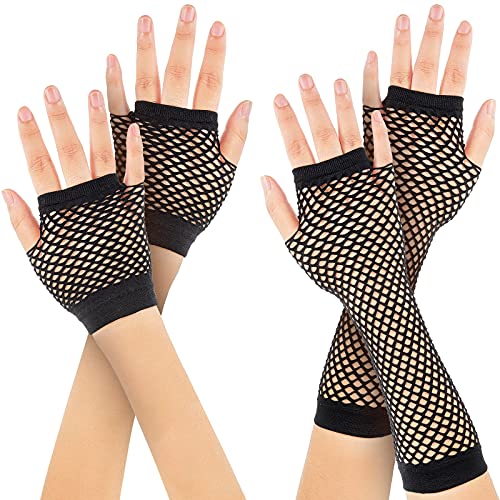 Bencailor 2 Paar Halloween Lange und Kurze Netzhandschuhe Fingerlose Netzhandschuhe Netz Mesh Handschuhe 80er Jahre Kostüm Zubehör Partyzubehör (Schwarz) von Bencailor