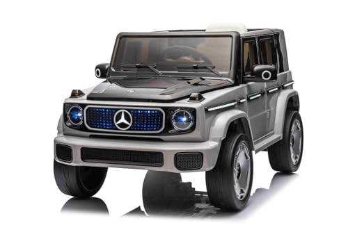 Elektrisches Kinderfahrzeug Mercedes EQG 12V, grau, LED-beleuchtete Karosserieteile, funktionierende Front- und Rücklichter, 2,4 GHz Fernbedienung, USB/AUX-Eingang, Lithium-Akku, 2 x 35W Motor von Beneo Motors