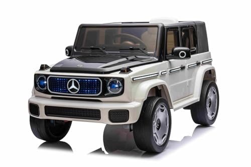Elektrisches Kinderfahrzeug Mercedes EQG 12V, weiß, LED-beleuchtete Karosserieteile, funktionierende Front- und Rücklichter, 2,4 GHz Fernbedienung, USB/AUX-Eingang, Lithium-Akku, 2 x 35W Motor von Beneo Motors