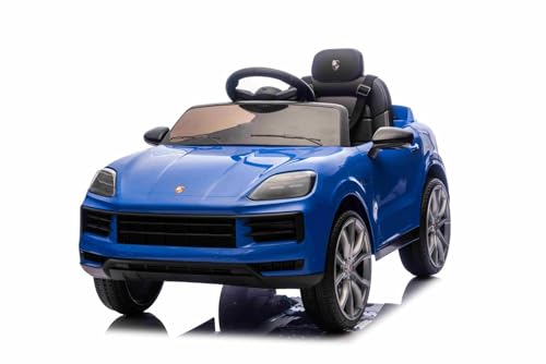 Elektrisches Ride-On Auto Porsche Cayenne 12V mit Hinterradantrieb – Lizenzmodell (Einzelsitz), blau, Lithium-Batterie, breiter Sitz, gefederte Achsen, 2,4 GHz Fernbedienung, LED-Leuchten von Beneo Motors