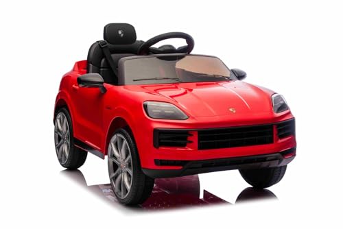Elektrisches Ride-On Auto Porsche Cayenne 12V mit Hinterradantrieb – Lizenzmodell (Einzelsitz), rot, Lithium-Batterie, breiter Sitz, gefederte Achsen, 2,4 GHz Fernbedienung, LED-Leuchten von Beneo Motors