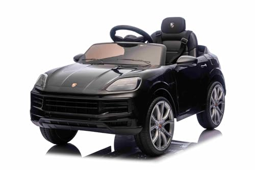 Elektrisches Ride-On Auto Porsche Cayenne 12V mit Hinterradantrieb – Lizenzmodell (Einzelsitz), schwarz, Lithium-Batterie, breiter Sitz, gefederte Achsen, 2,4 GHz Fernbedienung, LED-Leuchten von Beneo Motors