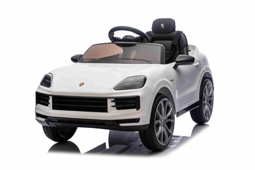 Elektrisches Ride-On Auto Porsche Cayenne 12V mit Hinterradantrieb – Lizenzmodell (Einzelsitz), weiß, Lithium-Batterie, breiter Sitz, gefederte Achsen, 2,4 GHz Fernbedienung, LED-Leuchten von Beneo Motors