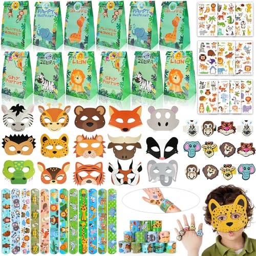 79Stk. Dschungel Safari Party Mitgebsel Kindergeburtstag Gastgeschenke Tiere Geschenktüten, Schnapparmband, Masken, Silikonringe, Temporäre Tattoos Give Aways Kindergeburtstag für Mädchen Jungen von Beneony