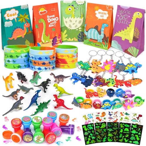 Dino Party Kindergeburtstag, 89 STK. Mitgebsel Kindergeburtstag Dinosaurier Geschenketüte Mini Dino Figuren Tattoos Schlüsselanhänger Armbänder Ring Stempel Give Aways Kindergeburtstag für Kinder von Beneony