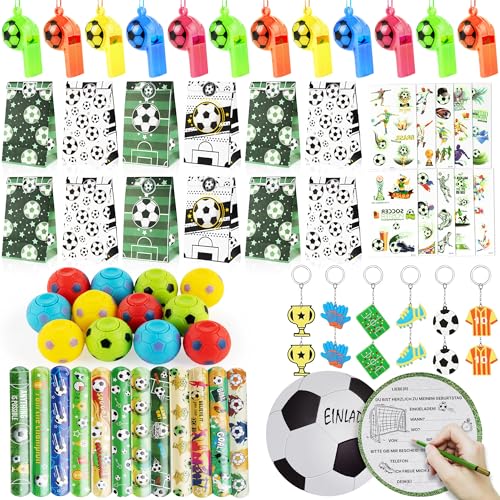 82 Stk. Fußball Party Mitgebsel Kindergeburtstag Junge Fussball Einladungskarten, Geschenk Taschen, Schnapparmband, Pfeifen, Tattoo, Spinning-Fußball, Schlüsselanhänger für Give Aways Kindergeburtstag von Beneony