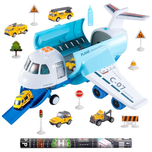 Bennol Spray Flugzeug Spielzeug für Jungen, Großes Transportfrachtflugzeug mit 6 Baufahrzeug 10 Verkehrszeichen 1 Spielmatte mit Lichtern Geräuschen, Weihnachten Geburtstag Geschenke für 3 4 5 6 7 8 von Bennol