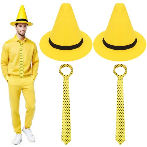 4-teiliges Halloween-Paar-Kostüm-Set für Männer und Frauen, gelbes Kostüm mit gelbem Zylinder, schwarze Punkte, Krawatte für Halloween, Verkleidungszubehör 4-teiliges Halloween-Paar-Kostüm-Set für Männer und Frauen, gelbes Kostüm mit gelbem Zylinder, schwarze Punkte, Krawatte für Halloween, Verkleidungszubehör von Benwanfee