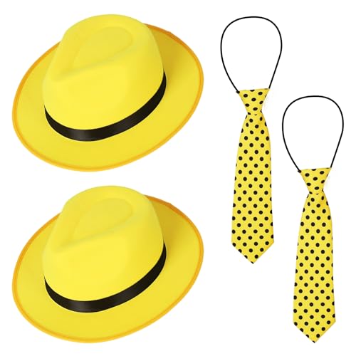 Benwanfee 4-teiliges gelber Hut-Krawatten-Kostüm-Set, Filz, gelber Derby-Hut, schwarze Punkte, Krawatte für Halloween, Verkleidungszubehör von Benwanfee