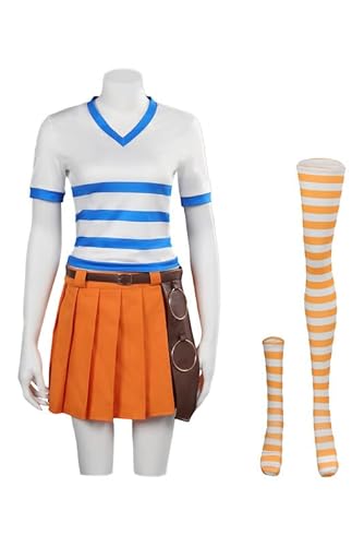 Damen Nami Cosplay Kostüm Anime Nami Top Rock Anzüge mit Gürtel Socken Outfits 2-teiliges Matrosen-T-Shirt Halloween Kleid, Orange/Abendrot im Zickzackmuster (Sunset Chevron), S ((Height 63in) von Beowyro