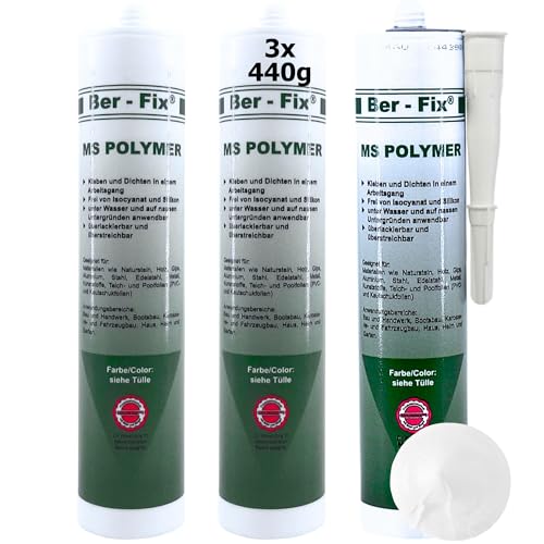 Ber-Fix MS Polymer Montagekleber Weiß 3er-Pack - Nicht schimmelnd, für Fliesen, Glas, Metall & Beton, perfekt für Nassbereiche, sicherer und ungiftiger als Sanitärsilikon von Ber-Fix