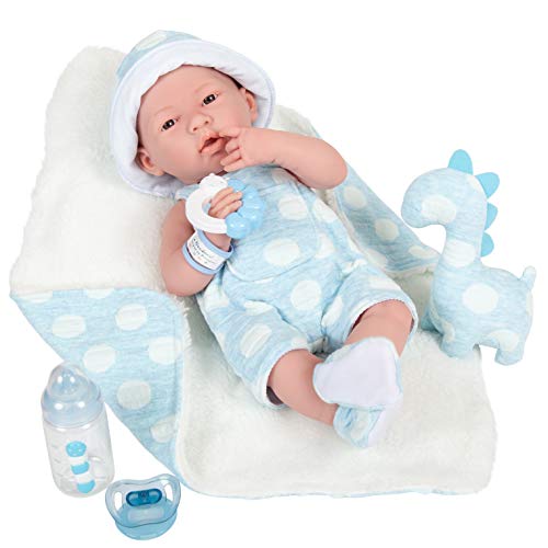 JC TOYS - La Newborn Babypuppe 38 cm aus weichem Vinyl, inklusive Kleidung, Dinosaurier-Plüsch und 4 Zubehör, Kind, Blau, entworfen in Spanien von Berenguer, 2 Jahre von jc toys