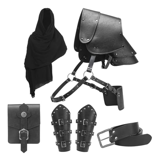 Mittelalter Kostüm Rüstung Set Braune Tunika mit schwarzem Lederschulterschutz und Armschienen Renaissance Fair Outfit (Schwarz B) von Berenlu
