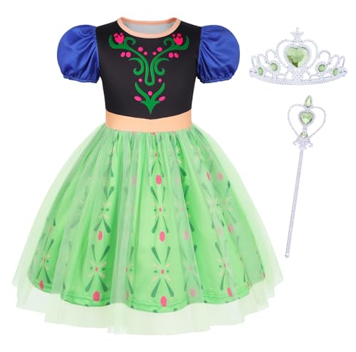 Berich Anna Prinzessinnenkleid mit Zauberstab, Kinderkostüm, Geburtstags-Outfits, Halloween, Weihnachtsgeschenke, Anna-Kostüm, Mädchen, verkleiden sich 7–8 Jahre (Grün, 140) von Berich