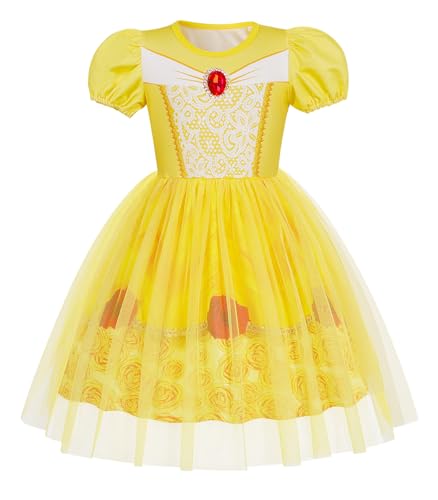 Berich Belle Verkleidung für Mädchen, Prinzessinnen-Kostüm, Weltbuchtag, Kostüm, Kostüm, Halloween, Weihnachtsgeschenk, Prinzessinnenkostüme für Mädchen, 3–4 Jahre (Gelb, 110) von Berich