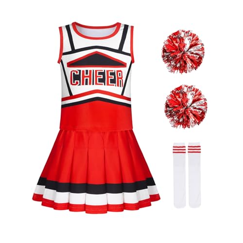 Berich Cheerleader-Kostüm für Mädchen mit Pompons, Socken, Kinder-Kostüme, Cheerleader-Uniform, Halloween, Kostüm, Cheerleader-Outfit, Rot, 6–7 Jahre, 130 Berich Cheerleader-Kostüm für Mädchen mit Pompons, Socken, Kinder-Kostüme, Cheerleader-Uniform, Halloween, Kostüm, Cheerleader-Outfit, Rot, 6–7 Jahre, 130 von Berich