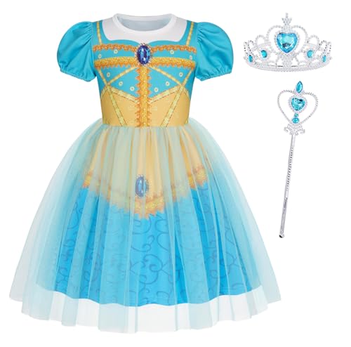 Berich Jasmin-Kleid mit Krone, Prinzessinnenkostüm für Mädchen, Halloween-Outfits, Weihnachtsgeschenke, Weltbuchtagskostüme für Mädchen, Jasmin-Kostüm, 5–6 Jahre (Türkis, 130) von Berich