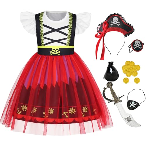 Berich Piratenkostüm für Kinder, Halloween, Rollenspiel, Weltbuchtag, Kostüme für Mädchen, Tüllkleid mit Zubehör, Piratenkleid, 7–8 Jahre (Rot, 140) von Berich