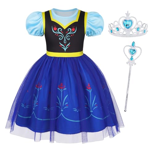 Berich Prinzessinnen-Kostüm für Mädchen mit Krone, Geburtstagsparty-Outfits, Halloween, Weihnachtsgeschenke, Anna-Kostüm für Mädchen von 2–3 Jahren (Blau, 100) von Berich