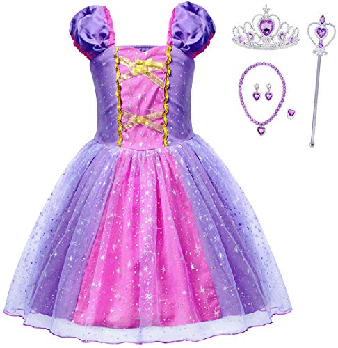 Berich Rapunzel-Kostüm mit 5-teiligen Prinzessinnen-Kostümen für Mädchen, Halloween-Outfit, Weihnachtsgeschenke, Prinzessinnenkleid, Rapunzel-Kleid, 3–4 Jahre (Lila, 120) von Berich