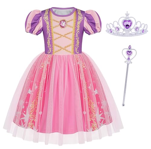Berich Rapunzel Kostüm mit Krone, Prinzessinnenkostüme für Mädchen, Halloween-Outfits, Weihnachtsgeschenke, Rapunzel-Kleid, 5–6 Jahre (Lila, 130) von Berich