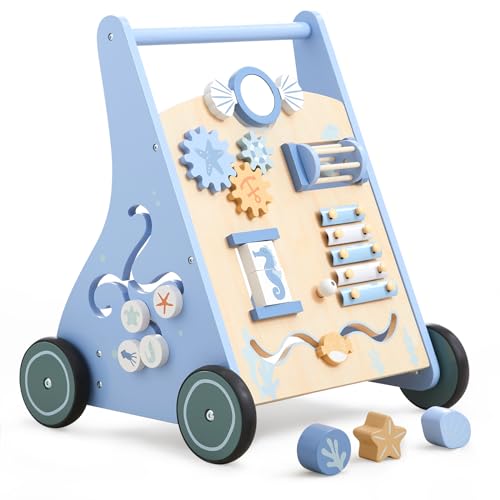 Beright - Holzwalker Baby Montessori Rollenspielzeug Walking Spielzeug mit mehreren Aktivitäten, entwickelt motorische Fähigkeiten und stimuliert die Kreativität (Blau) von Beright