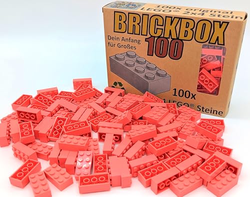 Brickbox 100 – Original Lego 2x4 Steine im Karton – Coral-Rot – Geschenkidee für Kinder ab 4 – Einzelsteine (#3001) – Nachfüllbox mit 100 Basic Bausteinen von BerlinBrick