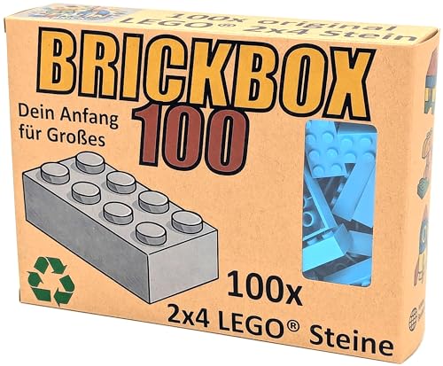 Lego® 2x4 Steine Classic 100 Stück - Einzelne Bausteine im KARTON, Brickbox 100er Set OVP Geschenk Grundbausteine Basic Bricks (#3001) (Medium-Azurblau) von BerlinBrick