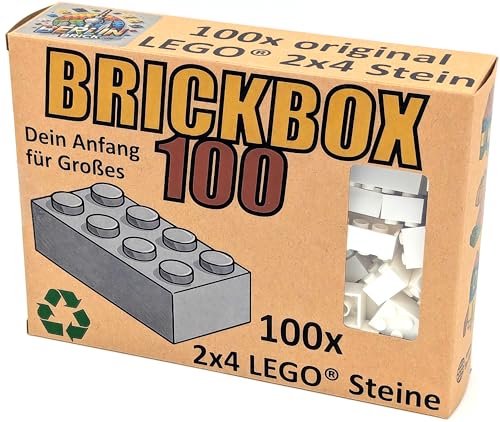 Lego® 2x4 Steine Classic 100 Stück - Einzelne Bausteine im KARTON, Brickbox 100er Set OVP Geschenk Grundbausteine Basic Bricks (#3001) (Weiß) von BerlinBrick