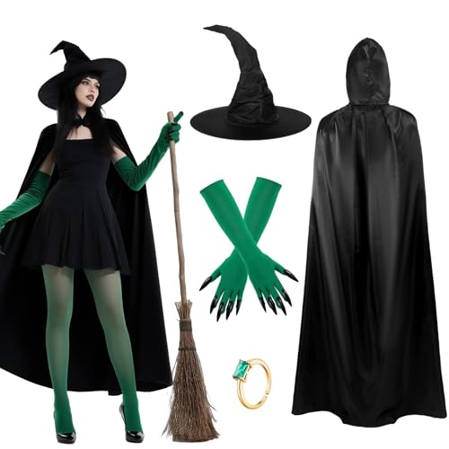 Berlune 7-teiliges Halloween-Hexenkostüm-Set, schwarzer Hexenhut, Umhang, Handschuhe, Samt-Strümpfe und Ringe, Halloween-Zubehör für Damen, Mädchen, Cosplay-Party Berlune 7-teiliges Halloween-Hexenkostüm-Set, schwarzer Hexenhut, Umhang, Handschuhe, Samt-Strümpfe und Ringe, Halloween-Zubehör für Damen, Mädchen, Cosplay-Party von Berlune