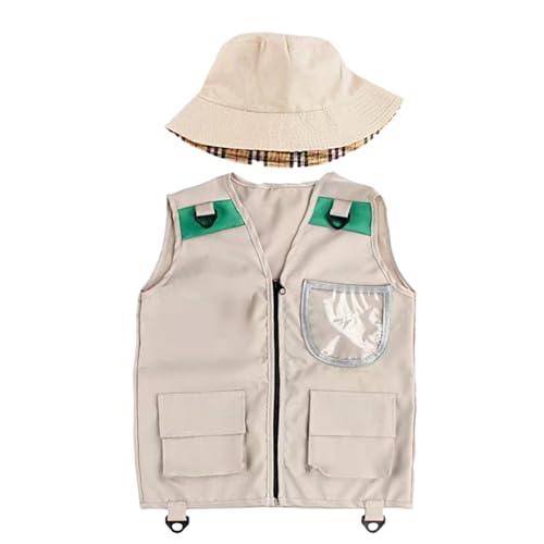 Berriphonia Fischereiweste Kinder - Safari -Weste Kostüm, Abenteuer -Outfit Set | Jungle Explorer Hat Gear, Außensuche Dress up für Zoo Hike Ranch Tour Wilderness Party Camping Mädchen Kinder Kin von Berriphonia