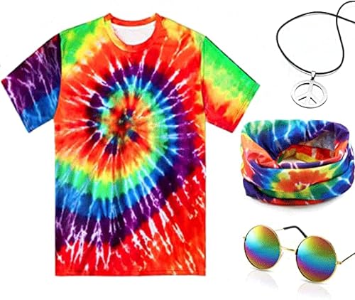 Hippie Kostüm Set, 70er Kostüme Set mit Hippie T-Shirt Brille Peace Halskette Stirnband für Herren 60er 70er Jhare Party Fasching Karneval von Berrysun