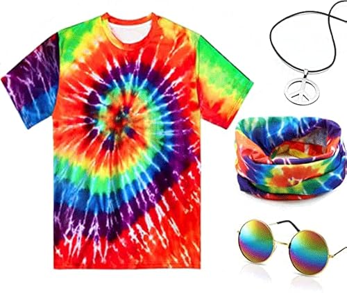 Hippie Kostüm Set, 70er Kostüme Set mit Hippie T-Shirt Brille Peace Halskette Stirnband für Herren 60er 70er Jhare Party Fasching Karneval von Berrysun