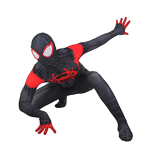 Spiderman Miles Morales Onesies Cosplay Superhelden Kostüm Halloween Erwachsener Bodysuit Lycra Spandex Zentai Bekleidung Kid Jumpsuit Strumpfhose Onesuit Kleidung,Black-L Kids(135~145CM) von Berrysun
