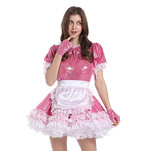 Berzial Damen Sissy French Maid Metallic Satin Lolita Schleife Kleid Outfit Cosplay Kostüm Crossdress (XL) Rosa von Berzial
